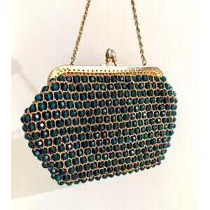 Vintage Marcus Brothers Emerald Green Beaded Evening Bag Purse Kiss Lock Elegant
